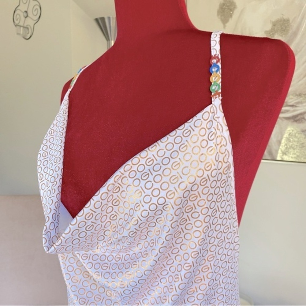 COOGI VINTAGE WHITE GOLD LOGO PRINT COWL NECK MINI DRESS LARGE - Picture 2 of 16